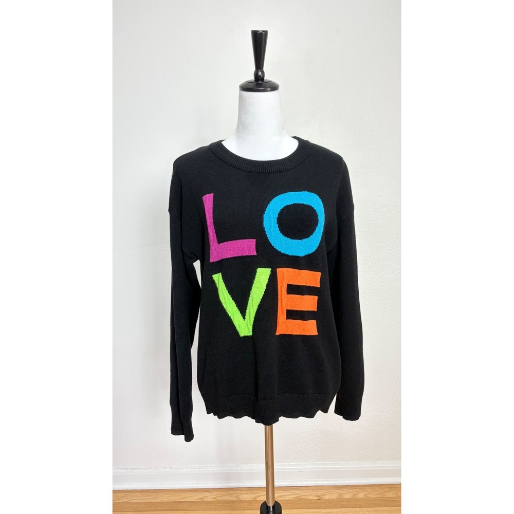 English Factory Love Graphic Black Knit Sweater Women Size Large Casual Cozy